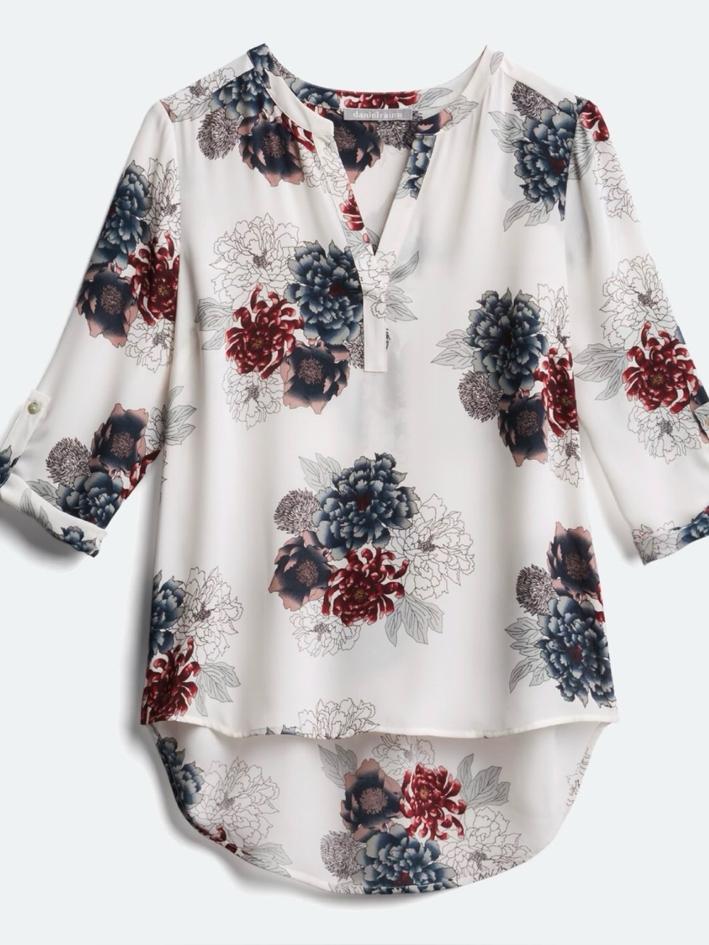 Daniel Rainn White Floral Split-Neck Blouse, Red & Gray Blooms, XL